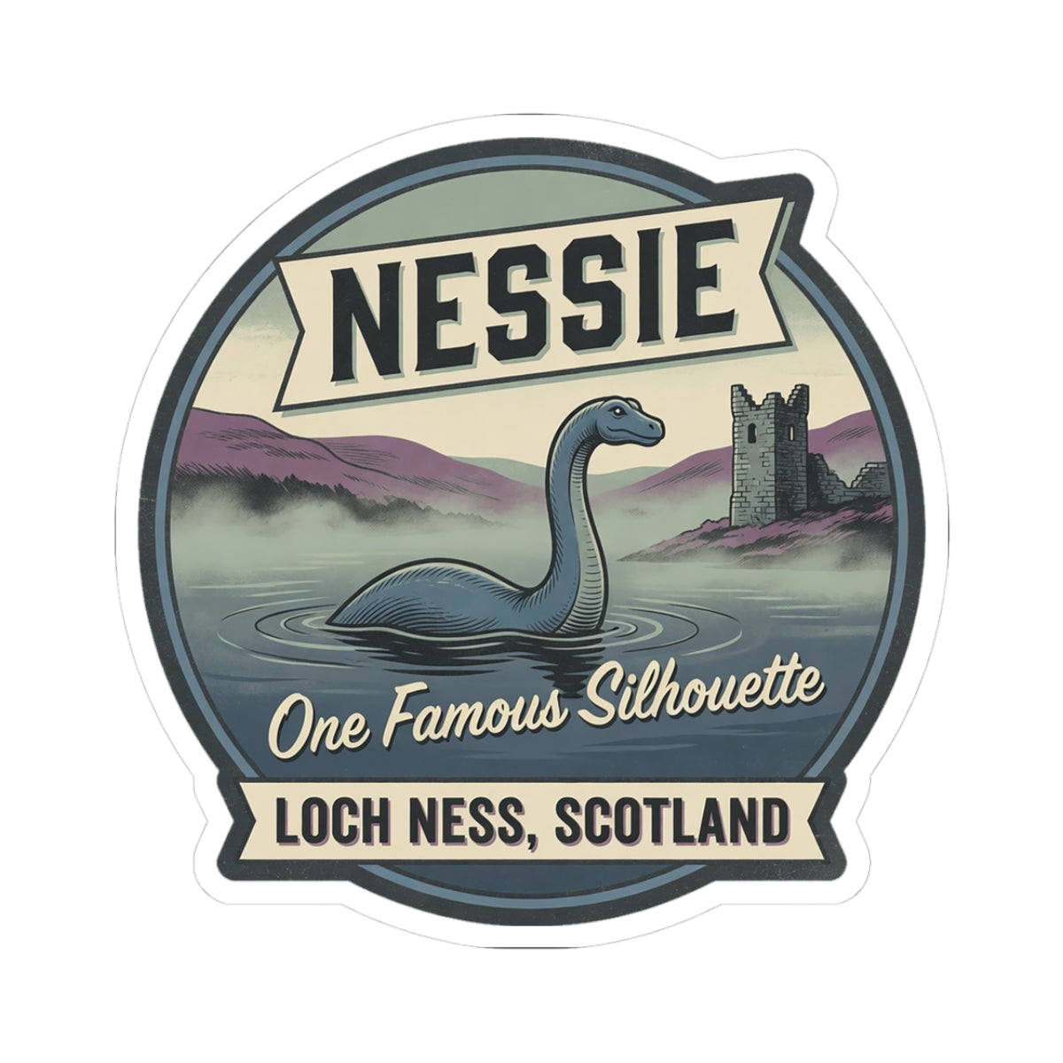 Nessie sticker badge with Nessie silhouette, Loch Ness Scotland text and border