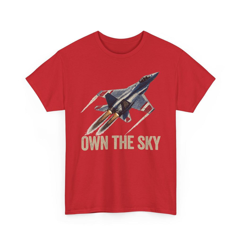 Red T-shirt with fighter jet graphic and "OWN THE SKY" text on front