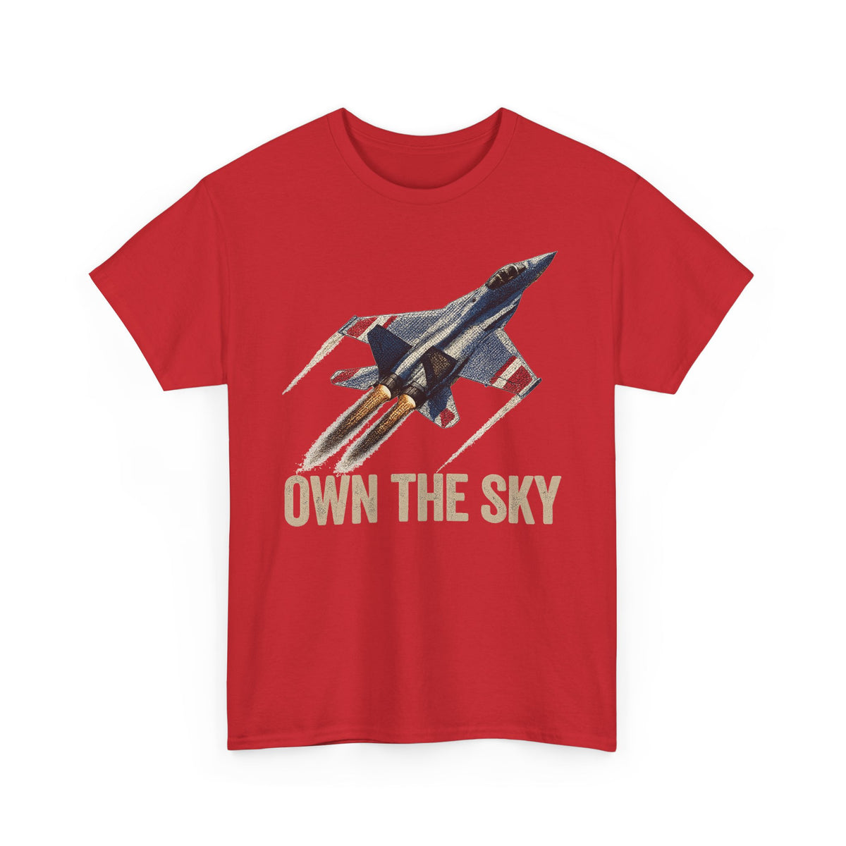 Red T-shirt with fighter jet graphic and "OWN THE SKY" text on front