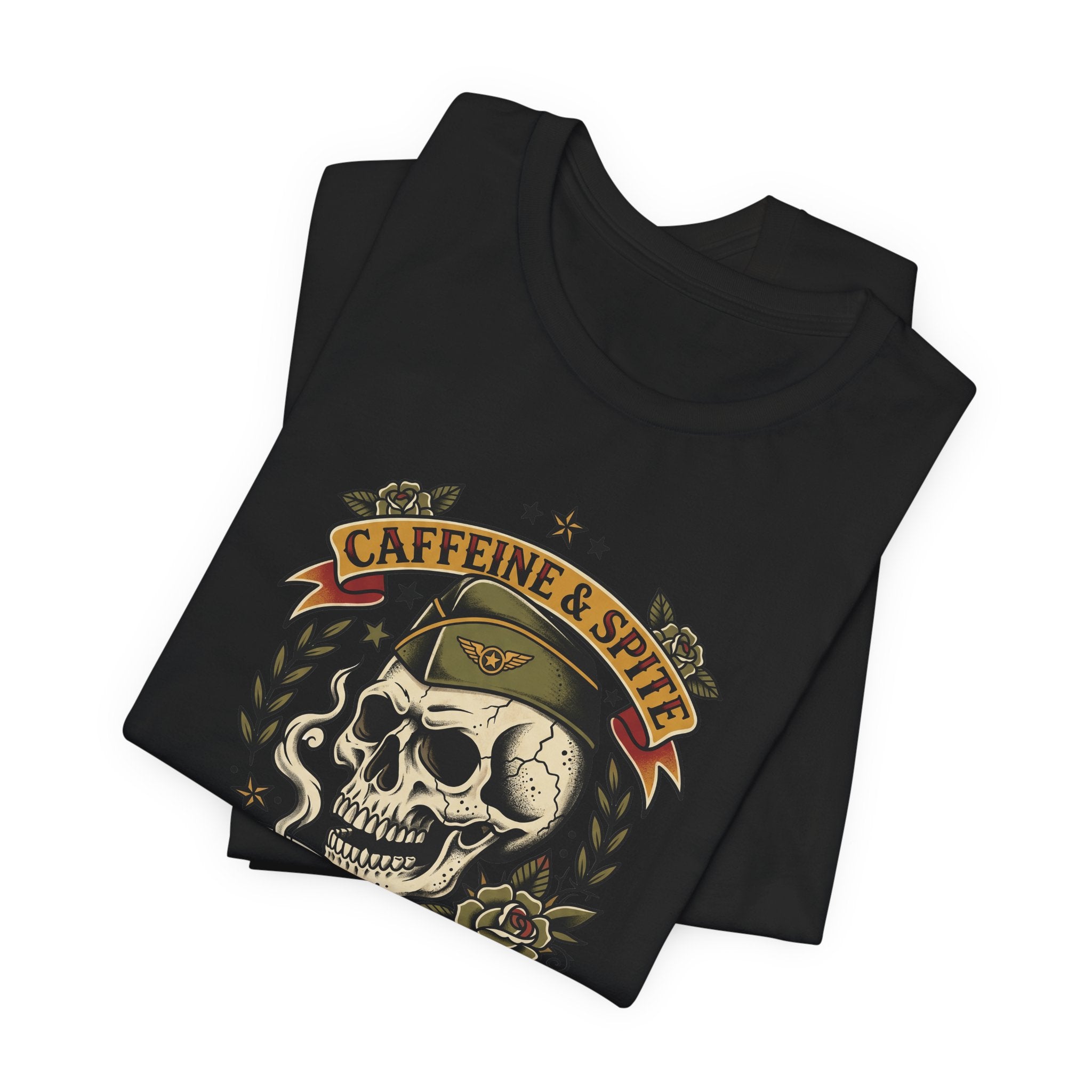 Black crew-neck T-shirt with skull coffee graphic and laurel wreath detail.