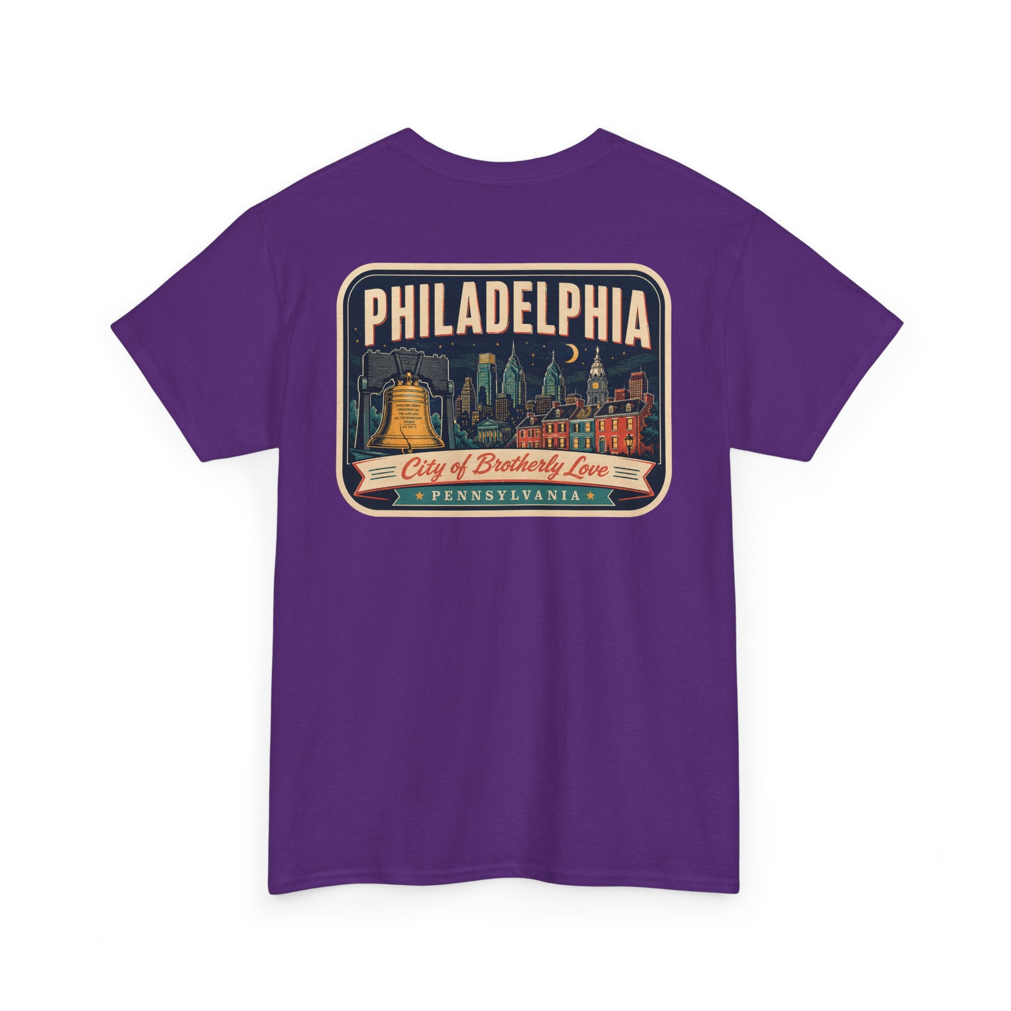 Purple T-shirt with Philadelphia skyline luggage-tag graphic patch