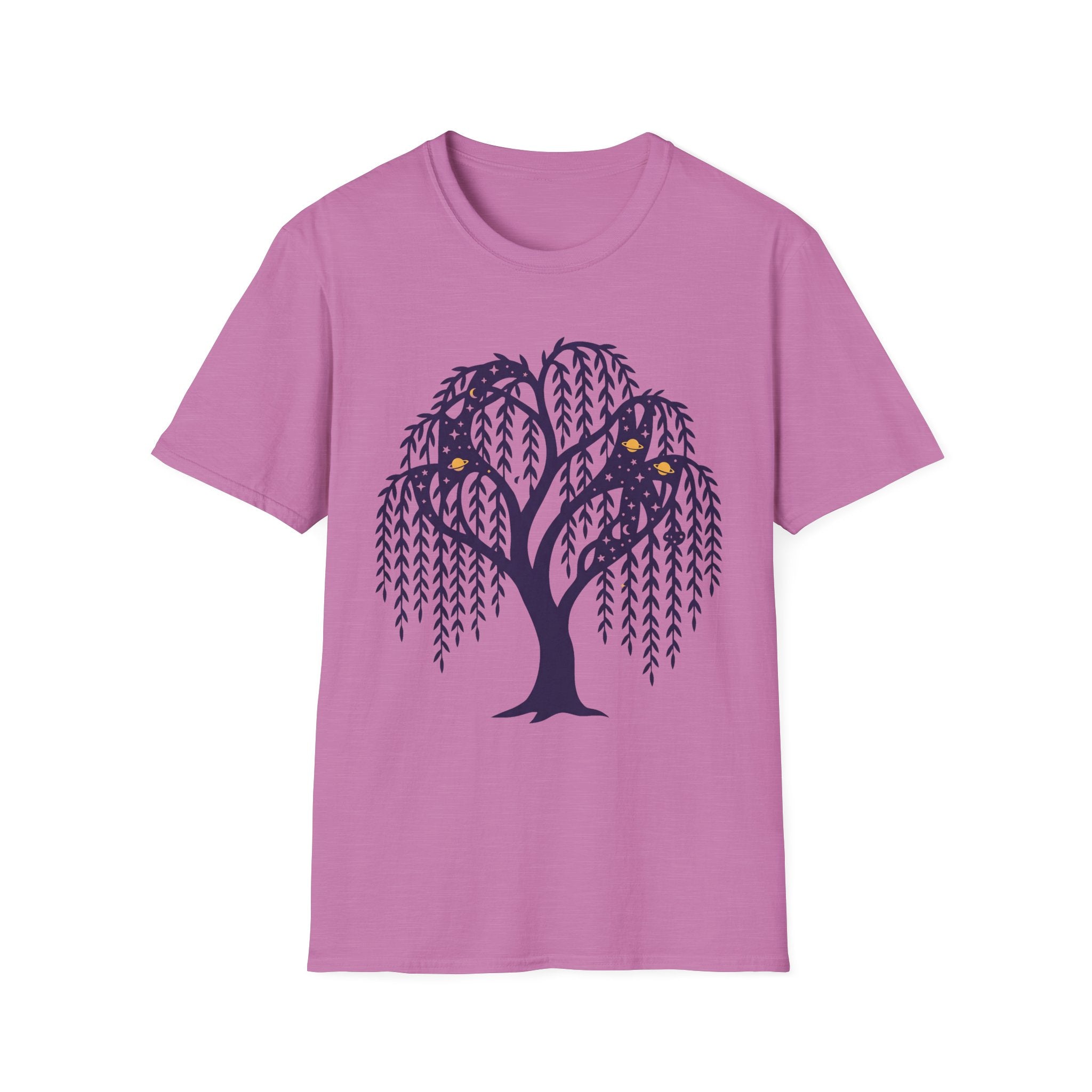 Pink T-shirt with dark blue weeping willow night owl tree graphic