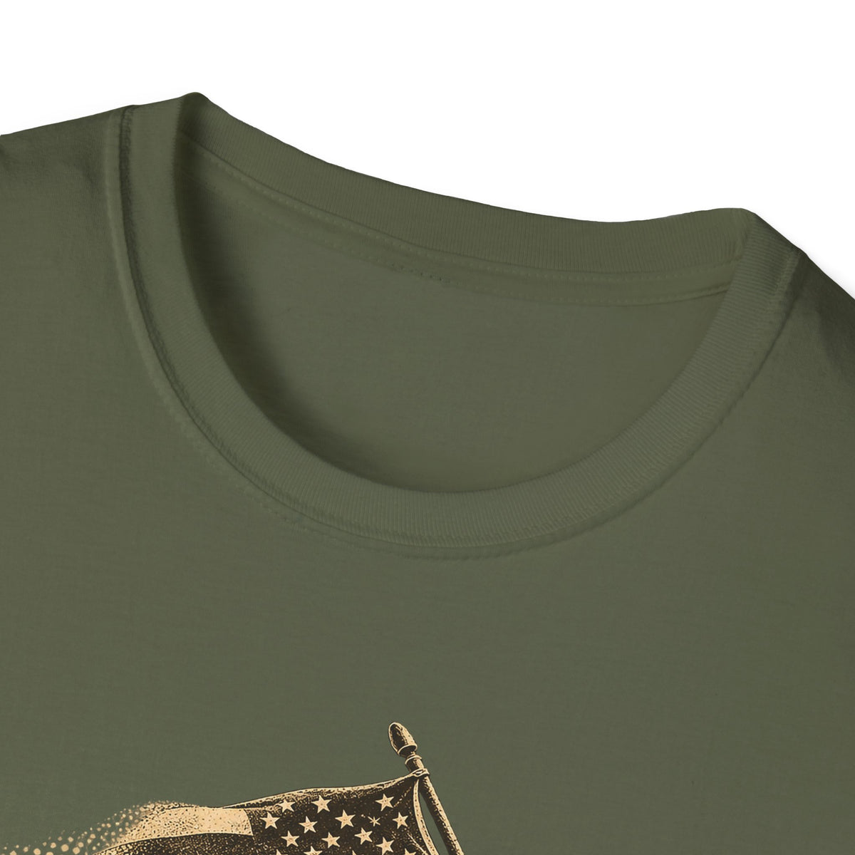 Olive green crew-neck T-shirt close-up with gold patriotic flag and soldier graphic