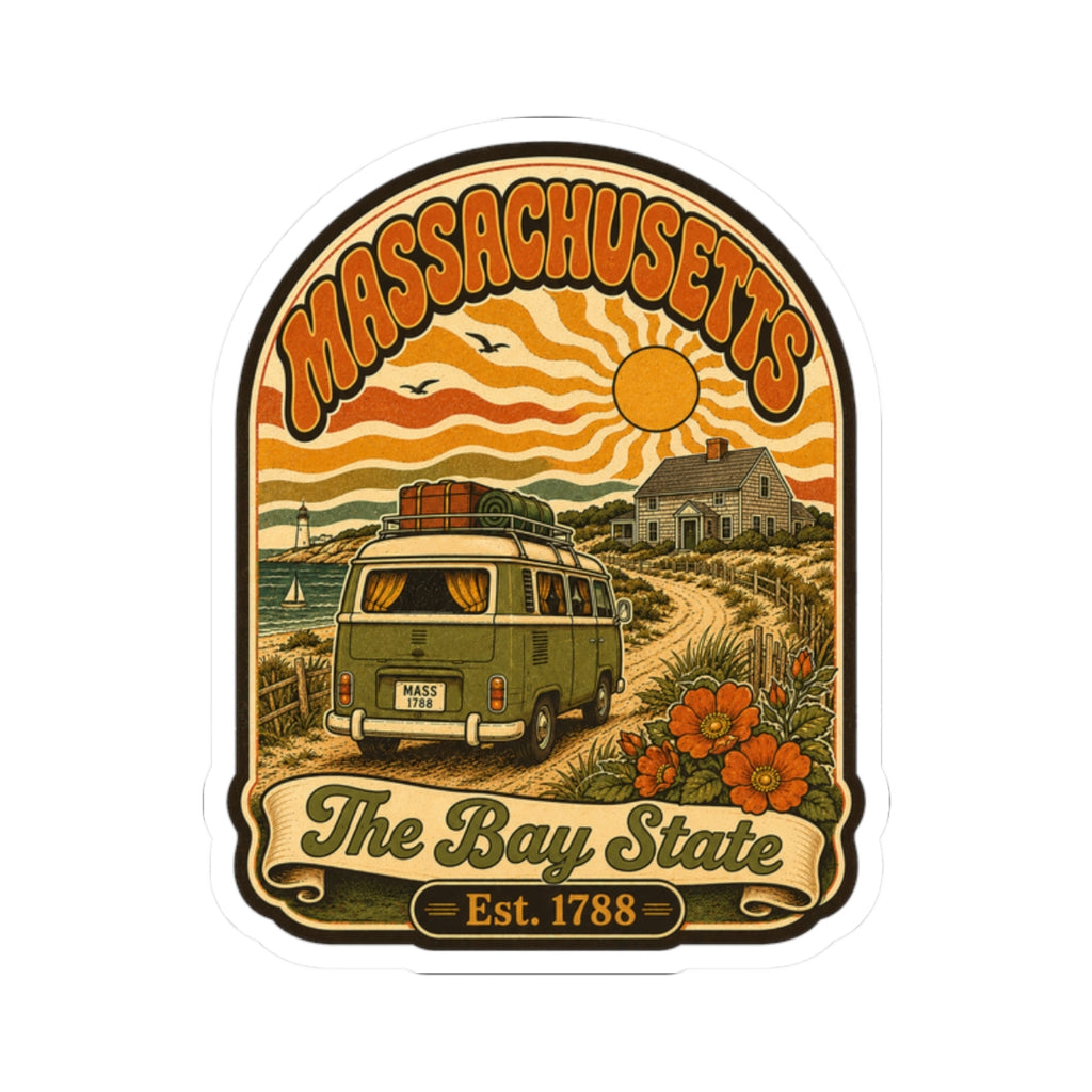 Massachusetts Bay State kiss-cut sticker featuring vintage van, sunburst, and est. 1788