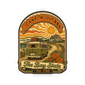 Massachusetts Bay State kiss-cut sticker featuring vintage van, sunburst, and est. 1788