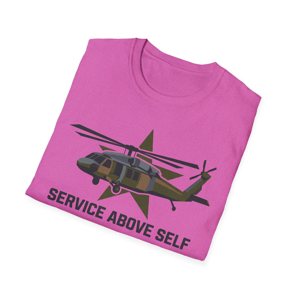 Bright pink t-shirt with camo helicopter graphic and 'SERVICE ABOVE SELF' text