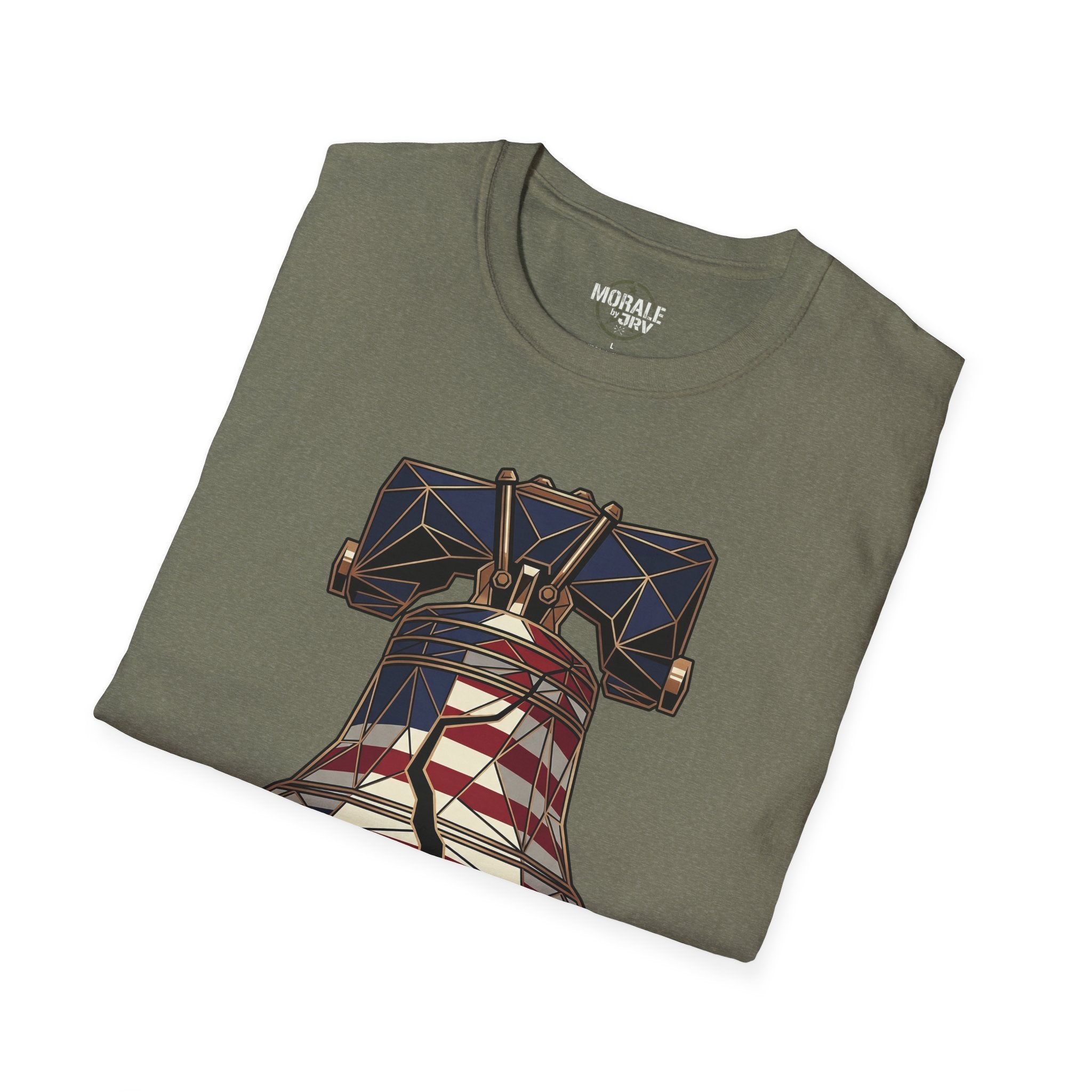 Military green T-shirt with liberty bell and geometric flag artwork