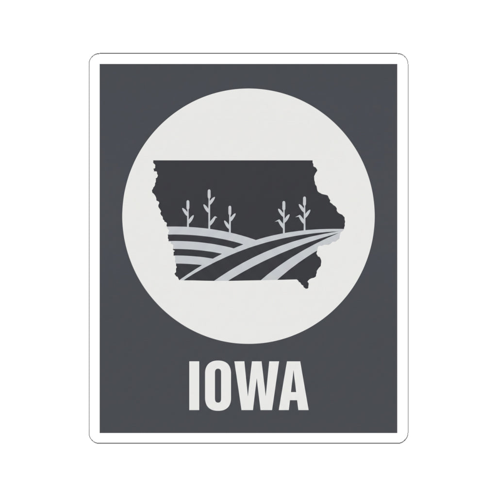Iowa farmland graphic sticker showing state outline in white within a circular emblem and “IOWA”