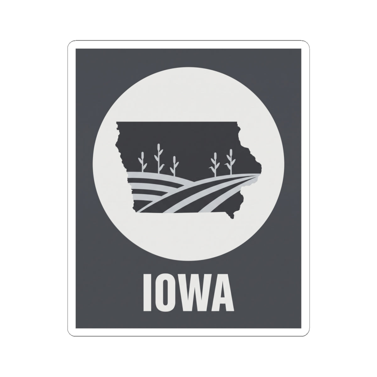 Iowa farmland graphic sticker showing state outline in white within a circular emblem and “IOWA”