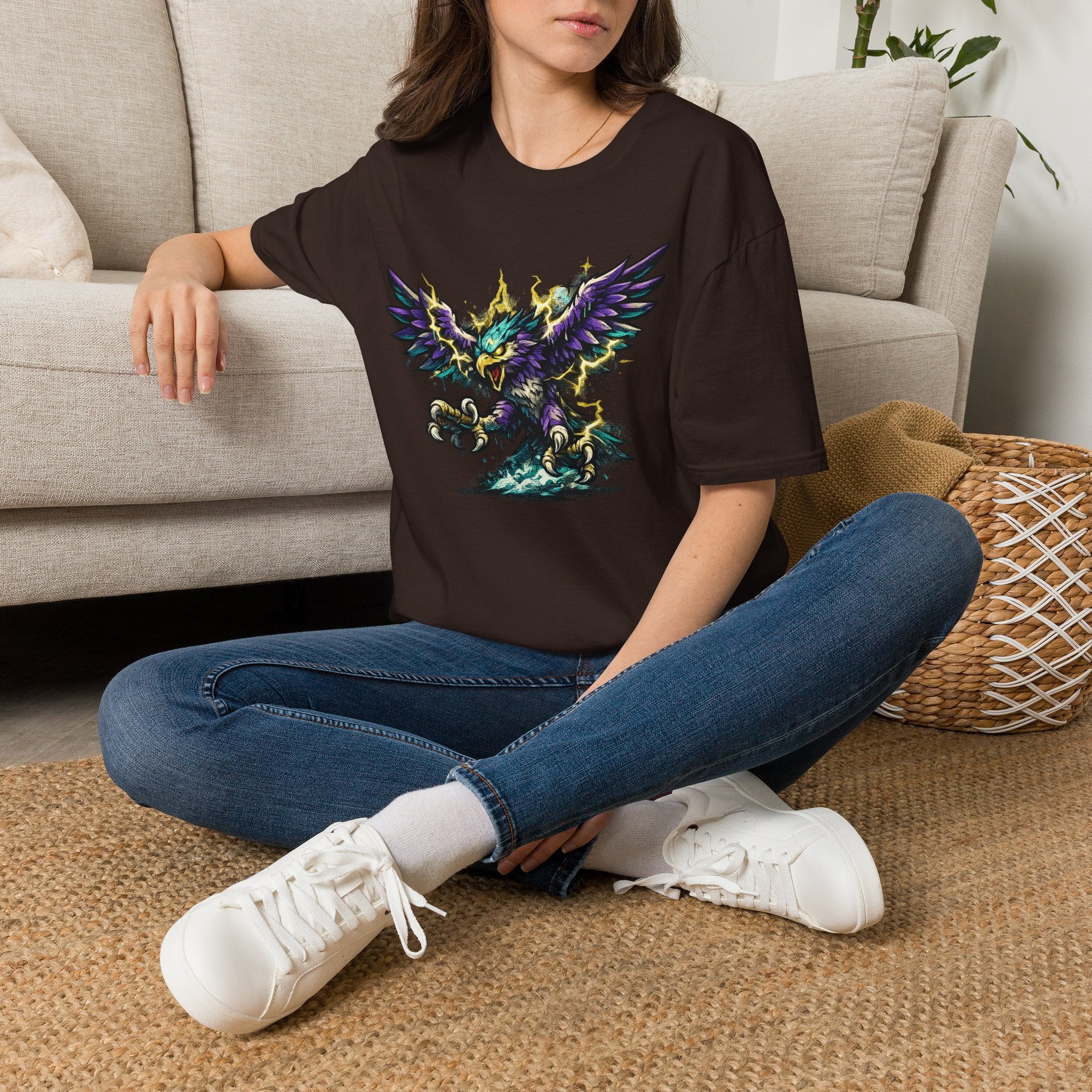 Dark brown crew-neck T-shirt with colorful lightning bird graphic on chest