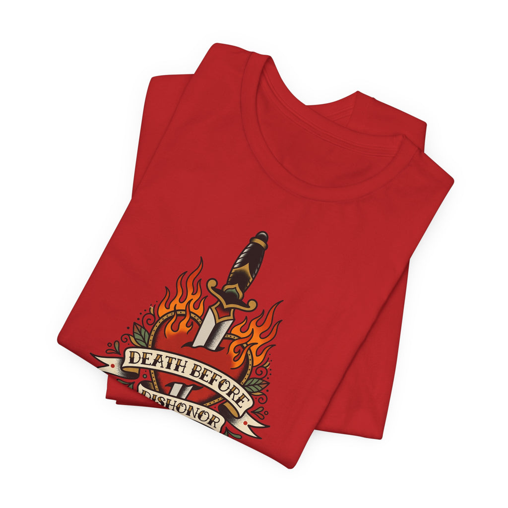 Red T-shirt with dagger and flames tattoo graphic