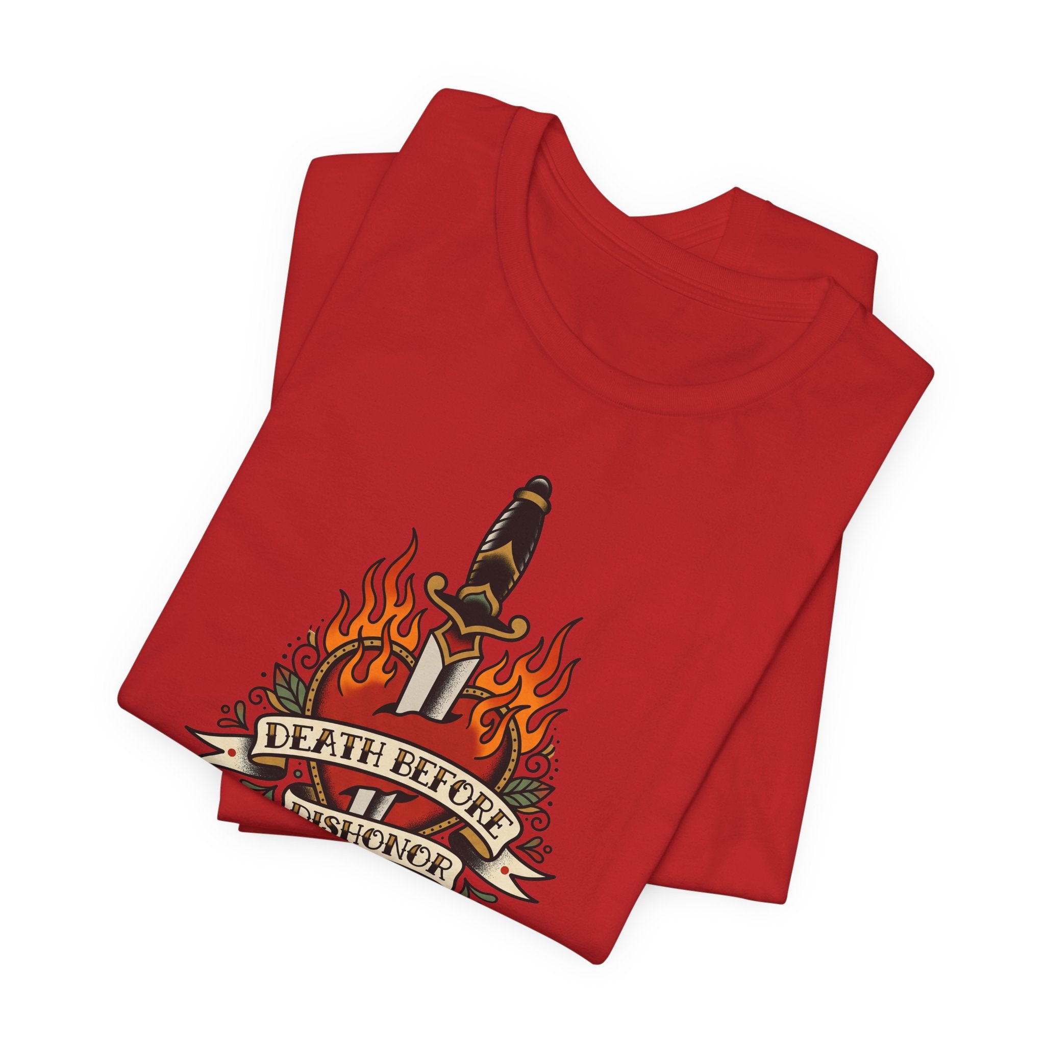 Red T-shirt with dagger and flames tattoo graphic