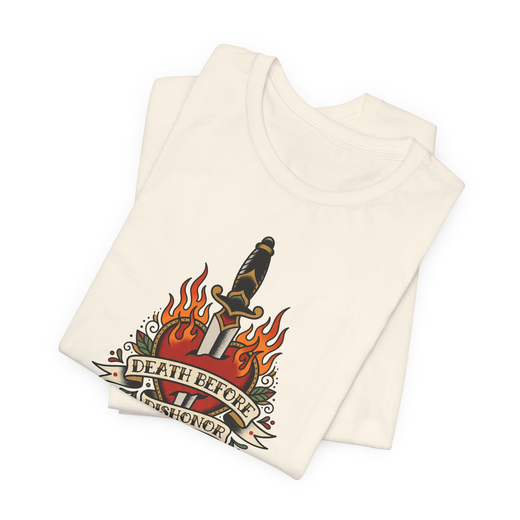 Cream graphic T-shirt with dagger and flames logo on front