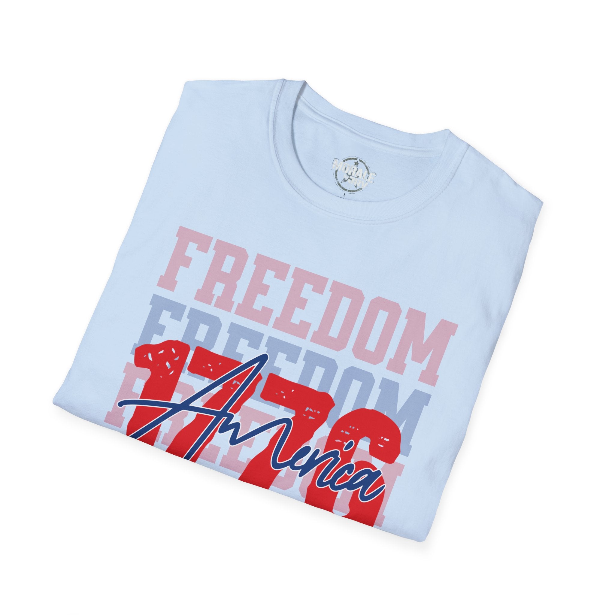 Light blue graphic T-shirt with 'FREEDOM' text, flag eagle and cursive America