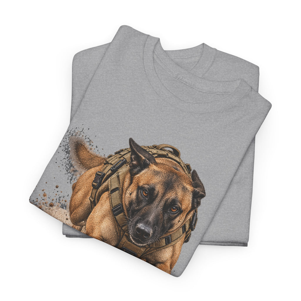Sport grey crew-neck T-shirt with Belgian Malinois K9 dog graphic, short sleeves