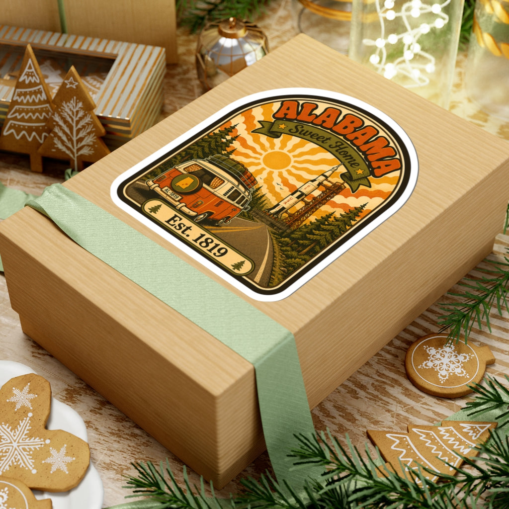 Die-cut arched Alabama sticker with orange camper van, trees, sun, and Est. 1819.