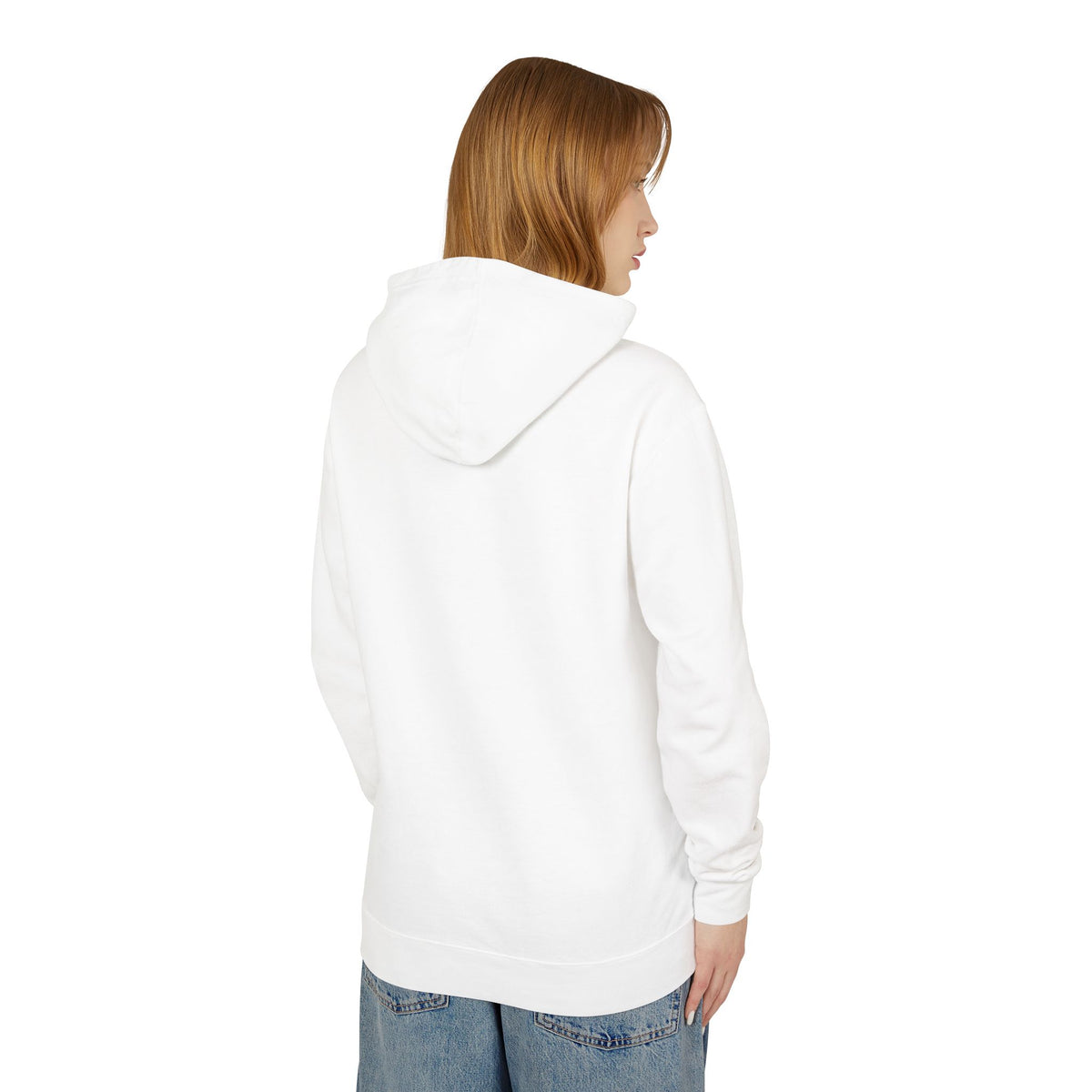 White pullover hoodie with hood, long sleeves, and front pouch pocket; back view.