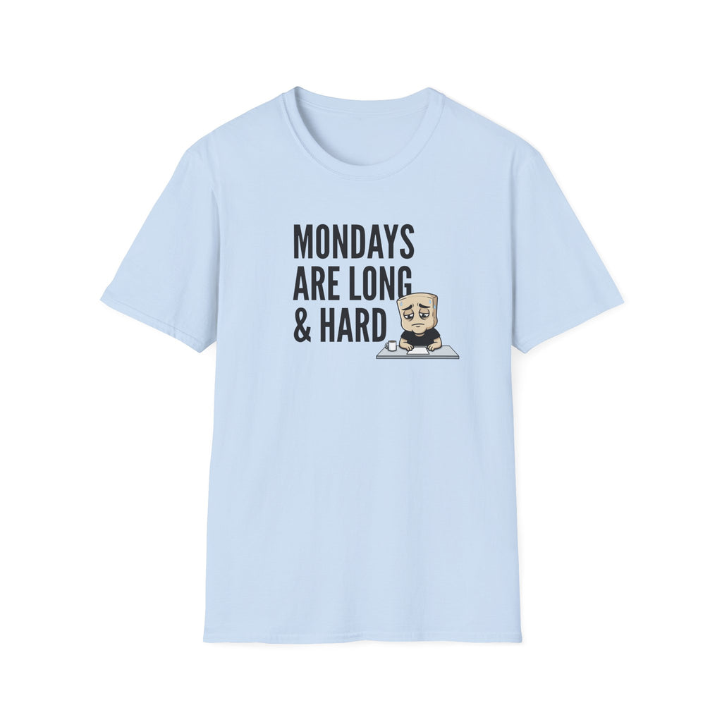 Light blue T-shirt with “Mondays are long & hard” coffee mug graphic