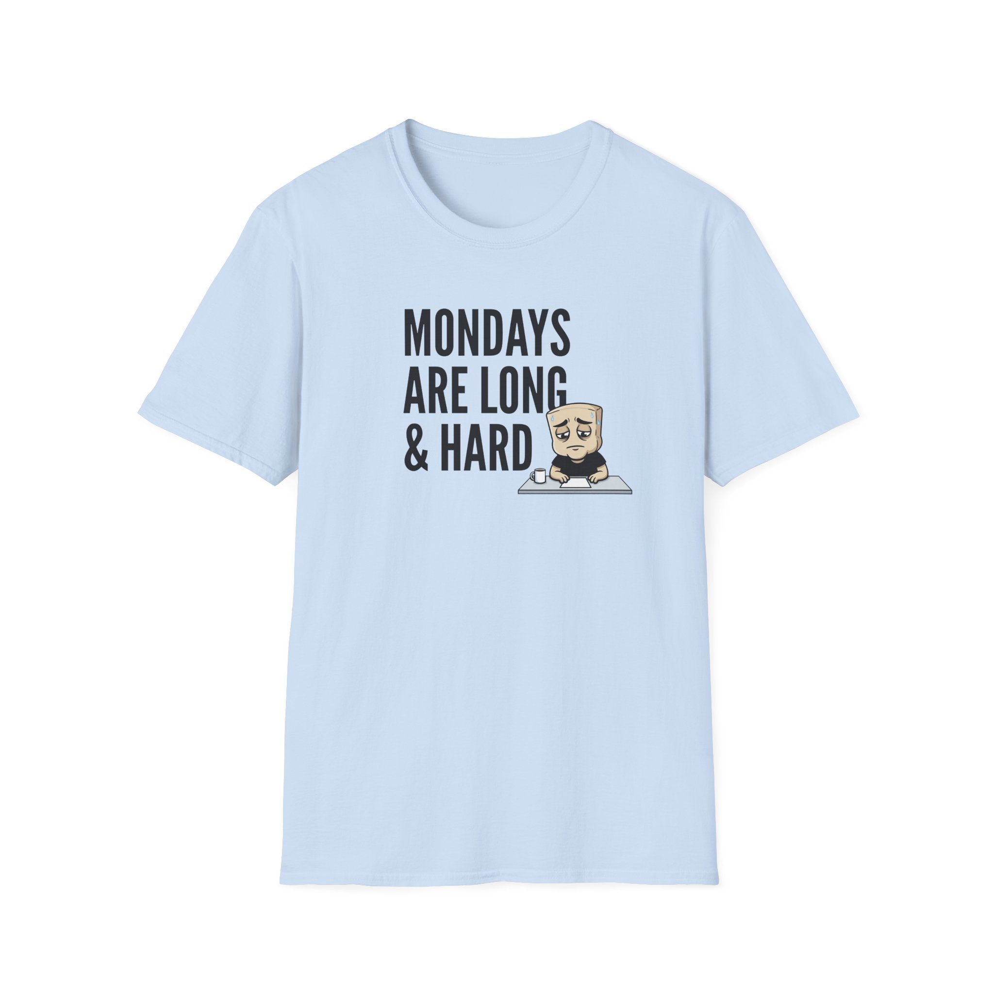 Light blue T-shirt with “Mondays are long & hard” coffee mug graphic