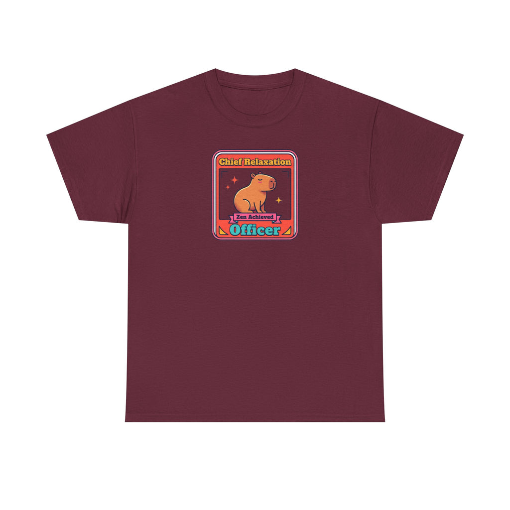 Maroon graphic T-shirt with capybara zen badge logo at center