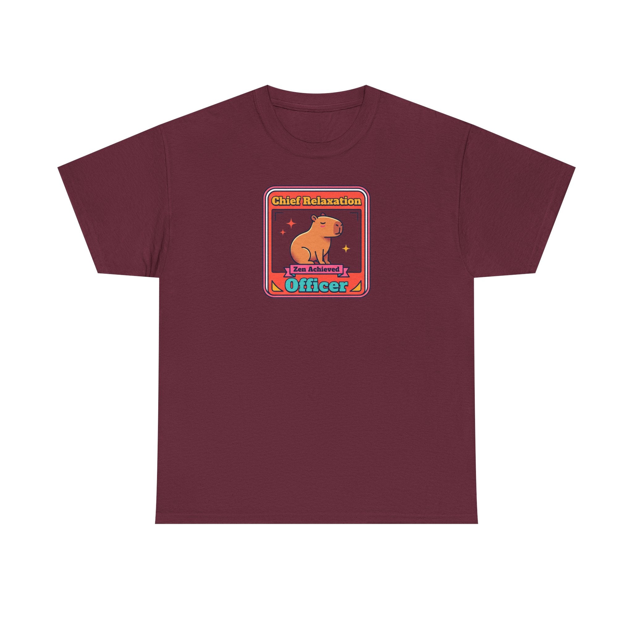Maroon graphic T-shirt with capybara zen badge logo at center