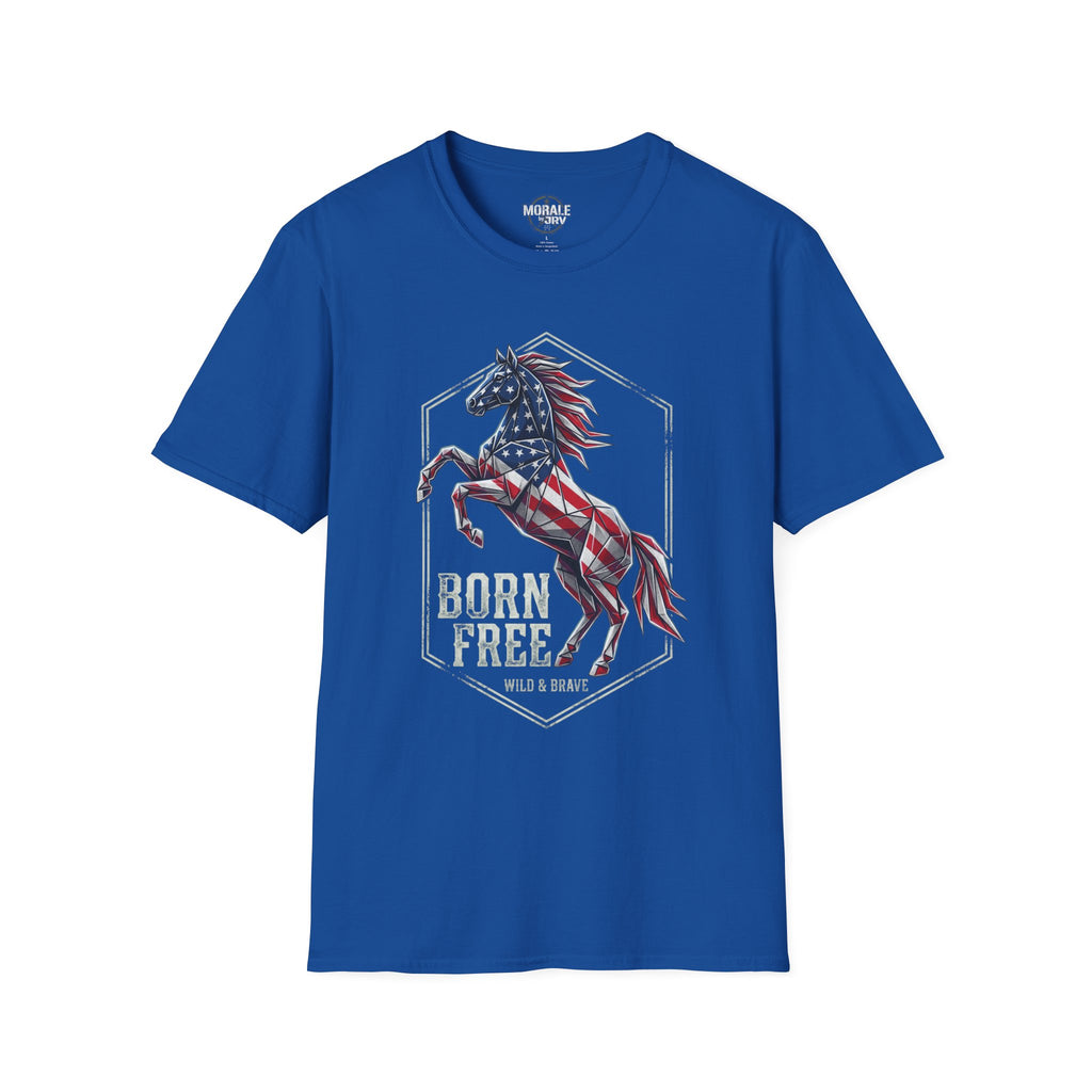 American flag horse T-shirt, royal blue with "Born Free" horse graphic