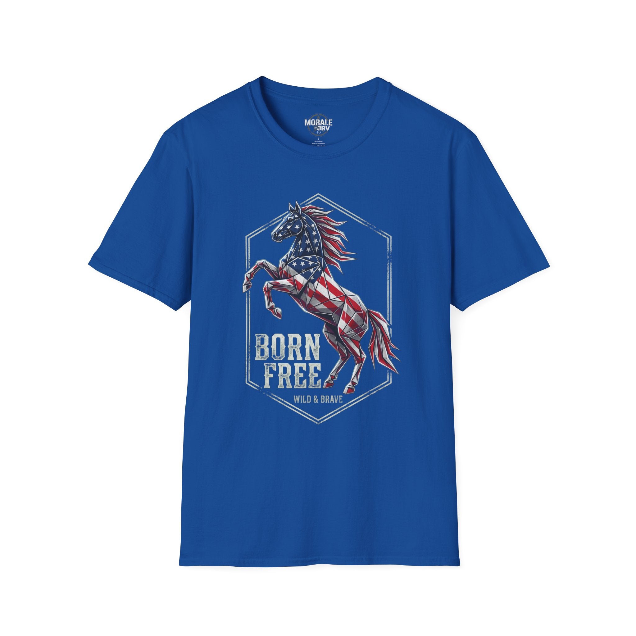 American flag horse T-shirt, royal blue with "Born Free" horse graphic