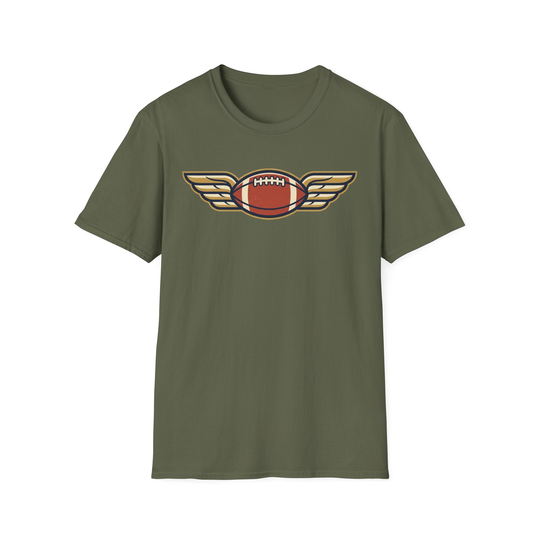 Military green crewneck t-shirt with winged football graphic on the chest