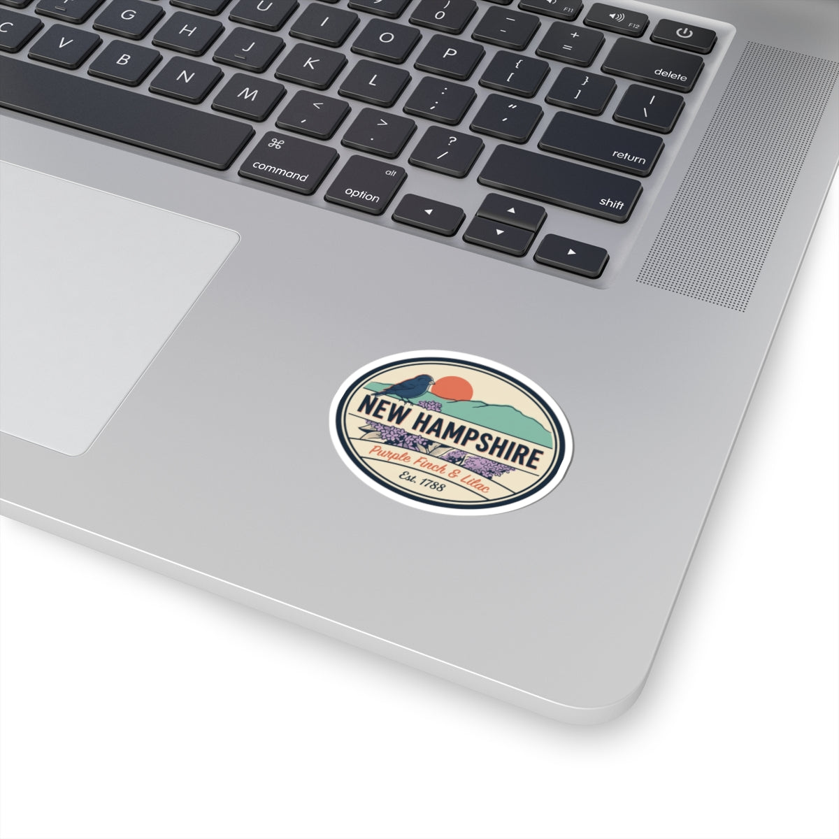 New Hampshire state badge vinyl sticker on laptop keyboard, round retro design