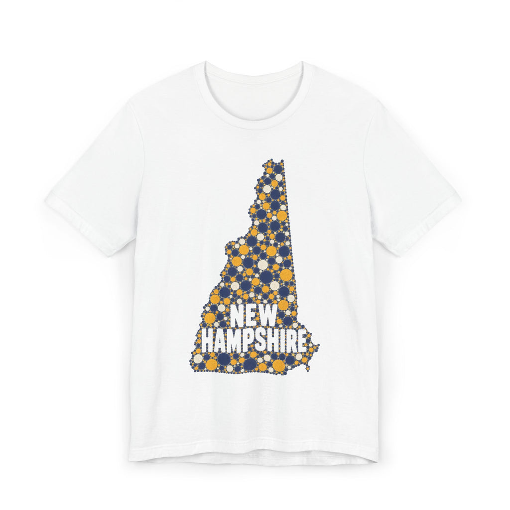 White New Hampshire graphic T-shirt with floral dotted state outline and “NEW HAMPSHIRE” text