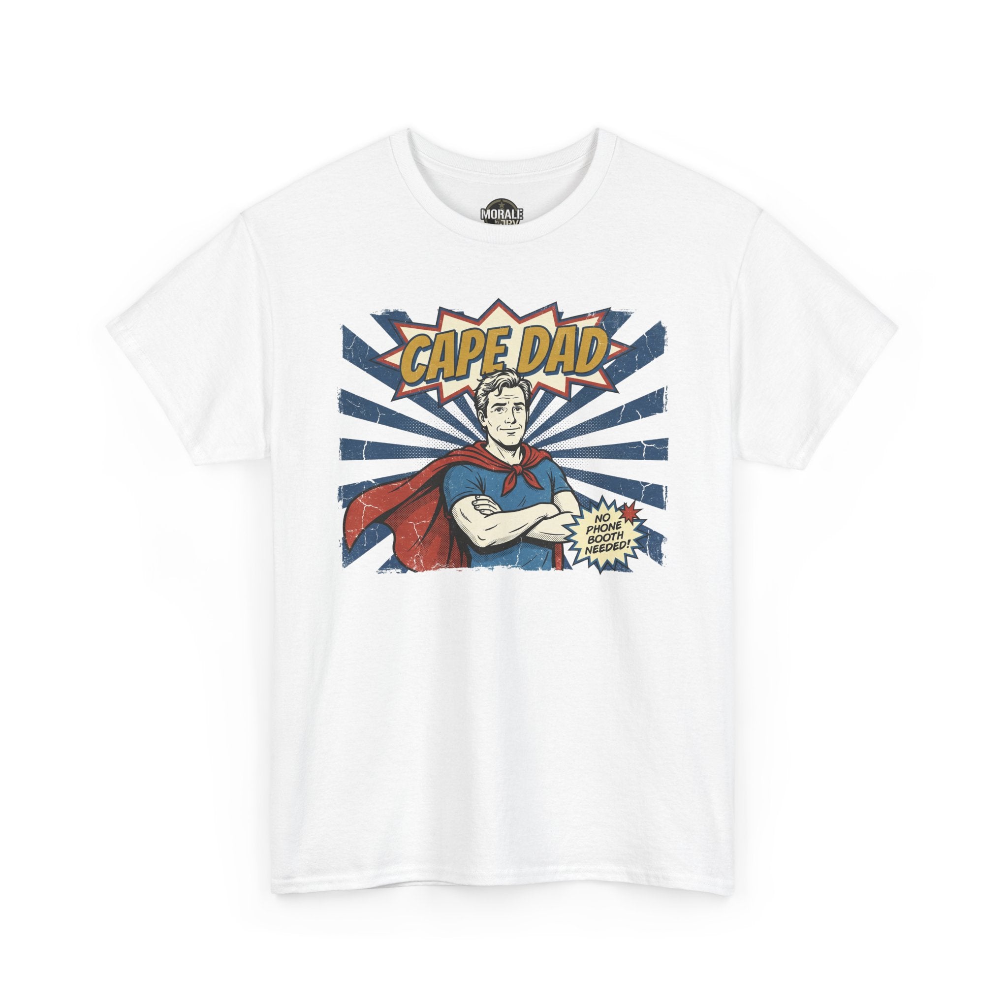 Cape Dad superhero T‑shirt, white, 'Cape Dad' comic chest artwork