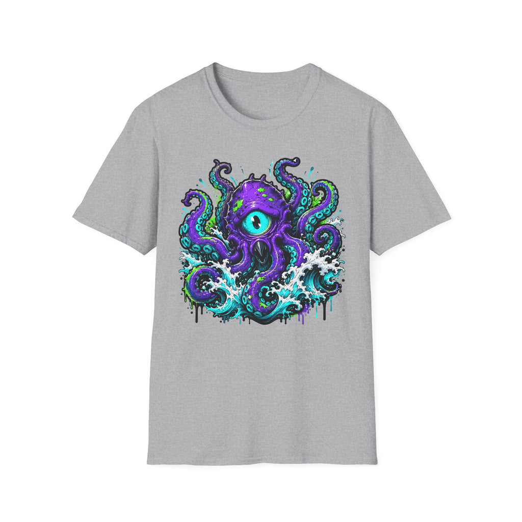 Light gray crew-neck T-shirt featuring a purple cyclops octopus graphic