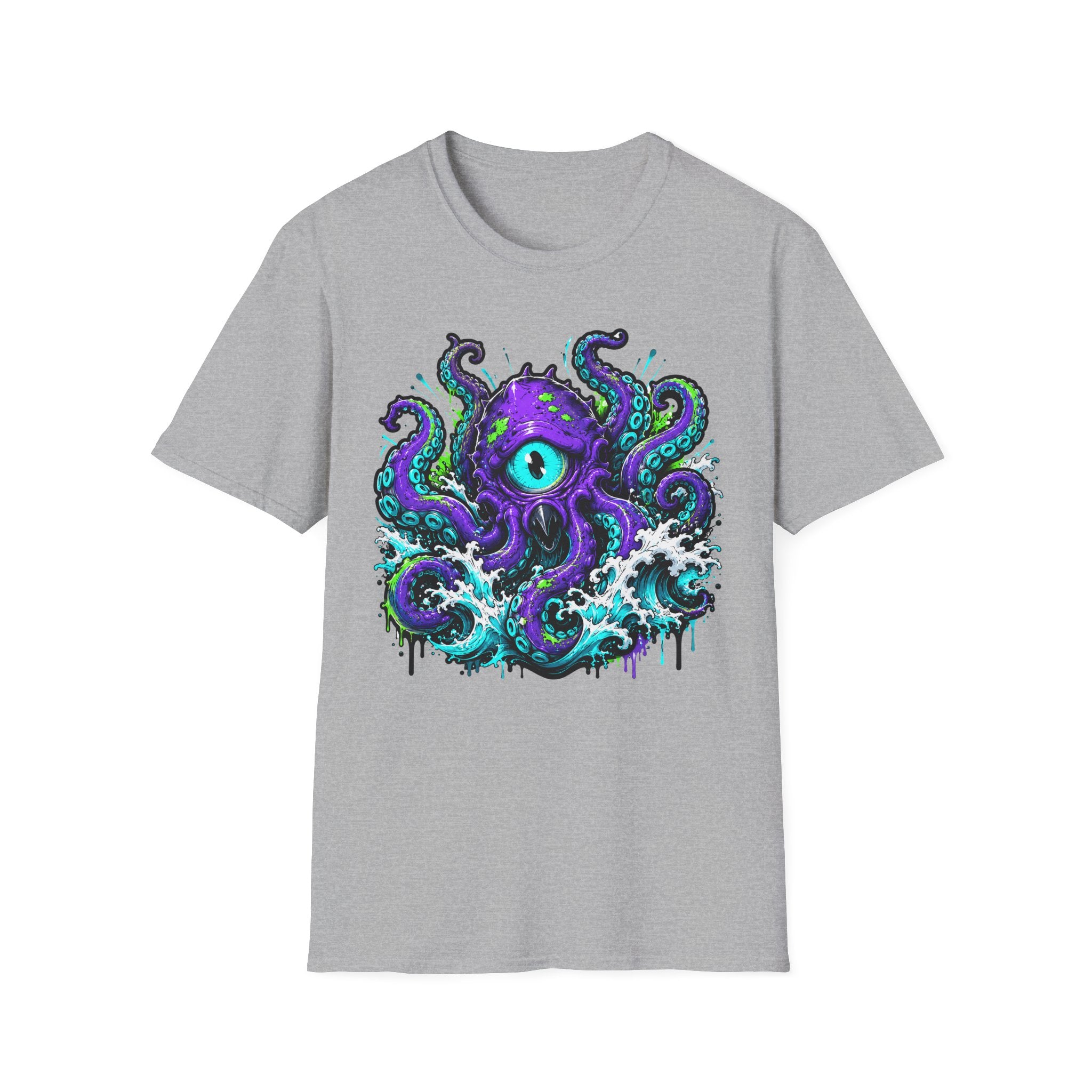 Light gray crew-neck T-shirt featuring a purple cyclops octopus graphic