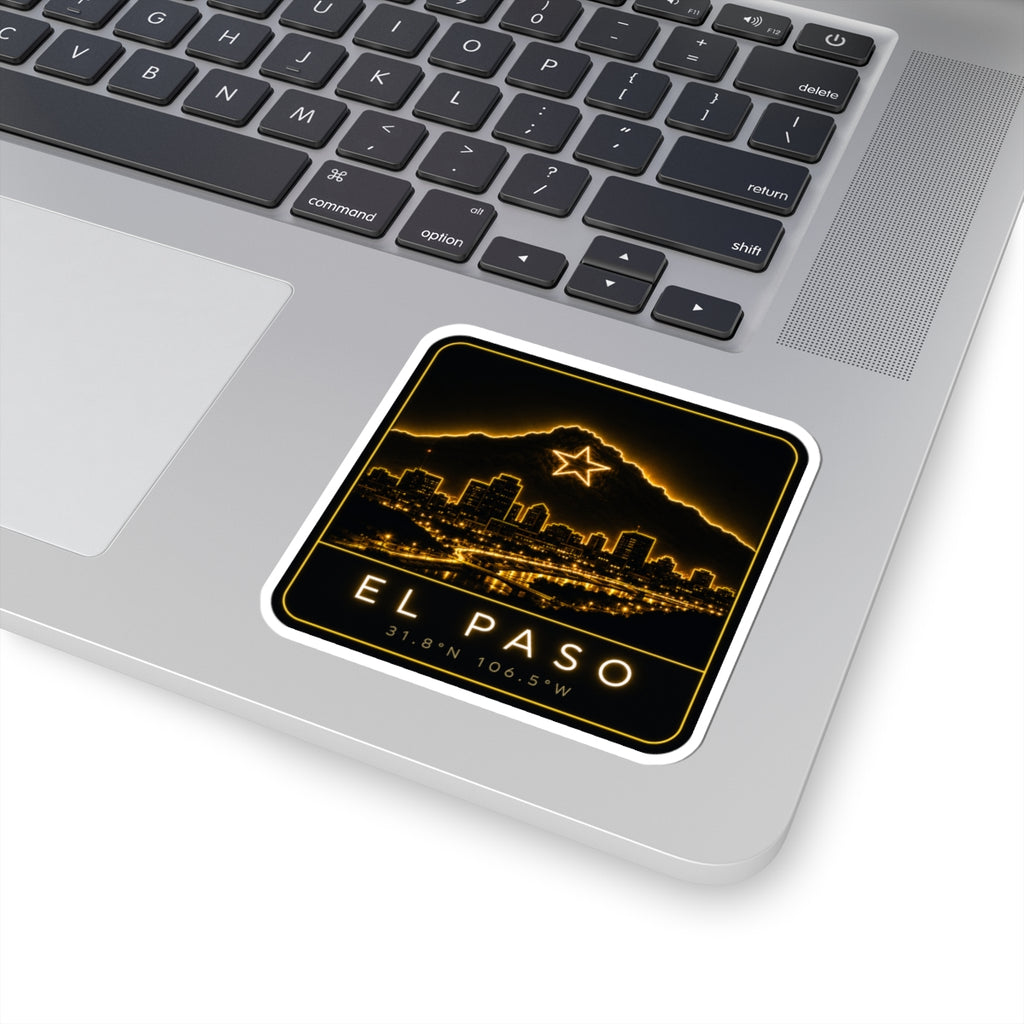 Square kiss-cut sticker featuring neon El Paso skyline, mountain star, and coordinate numbers