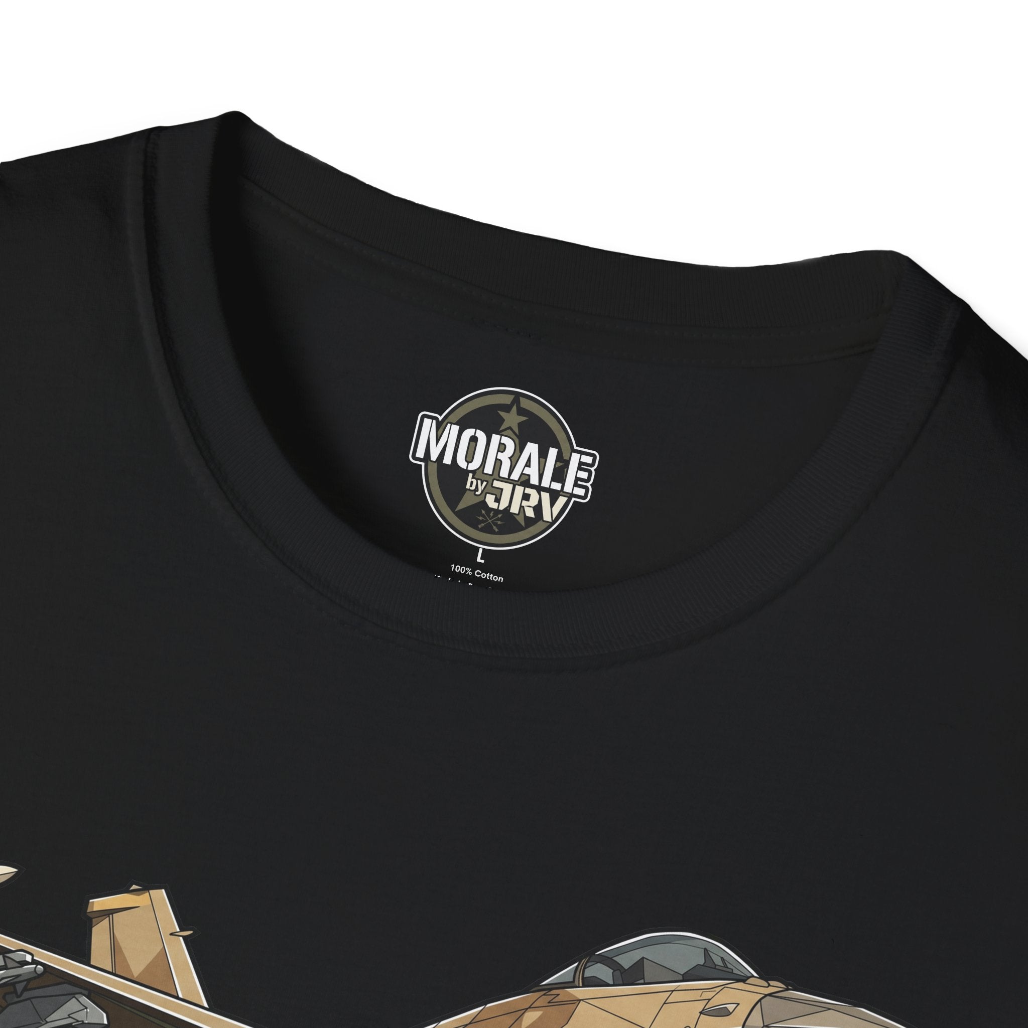 Black T-shirt close-up: round neck label and partial fighter jet graphic