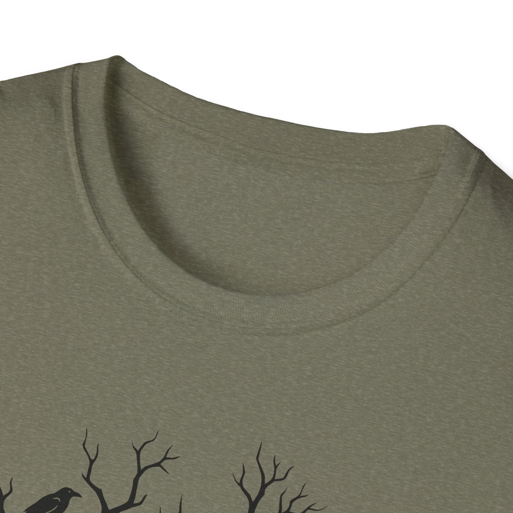 Olive T-shirt crew neck, bare tree and crow graphic partial near hem