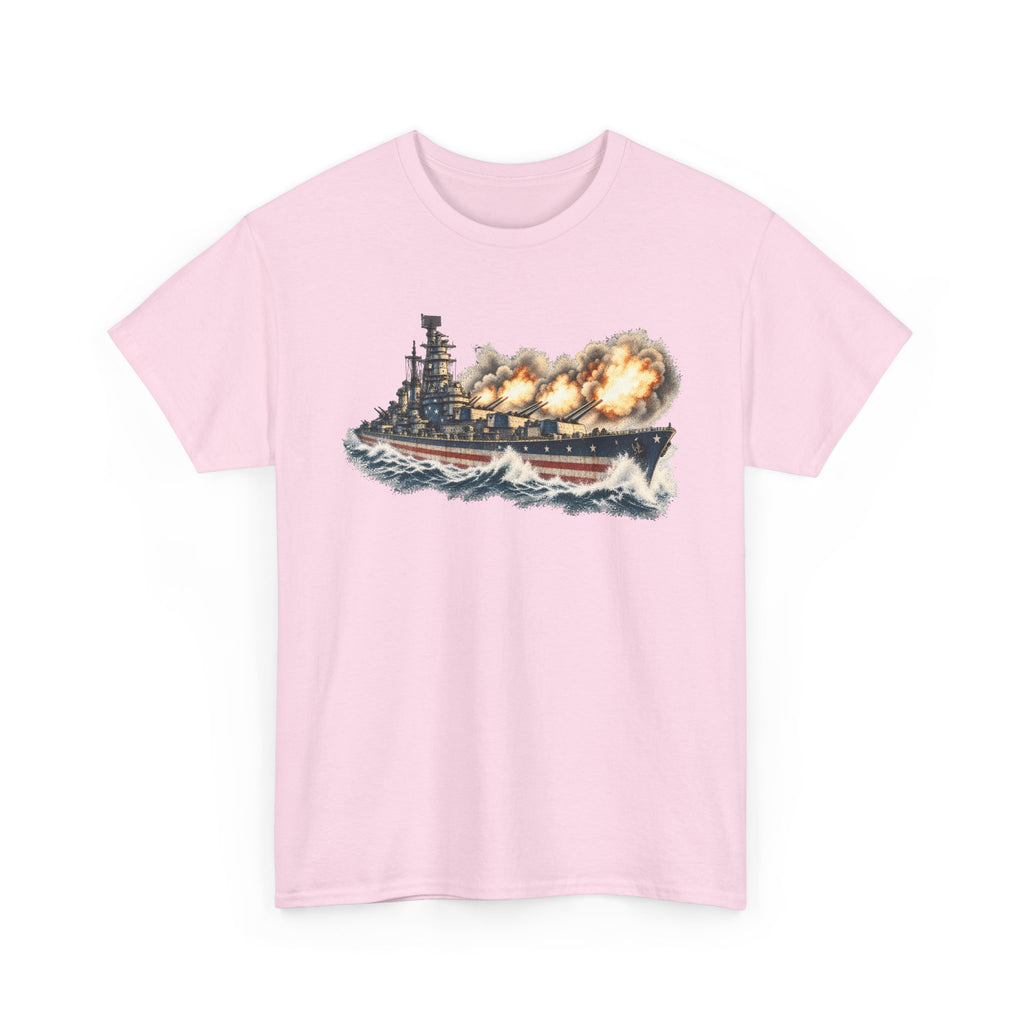 Pink crewneck graphic T-shirt with battleship and smoke explosion print