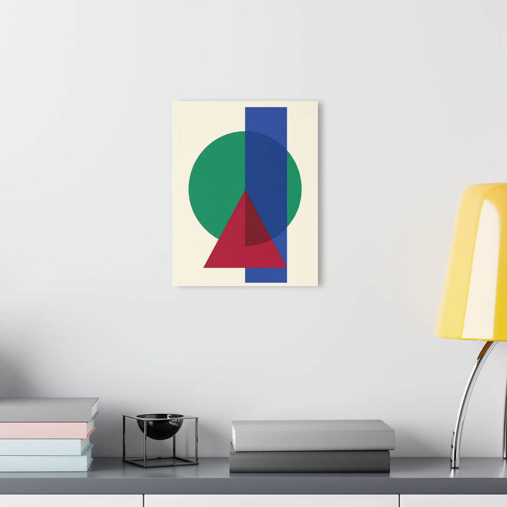 Small abstract geometric wall art: green circle, blue vertical bar, and red triangle.