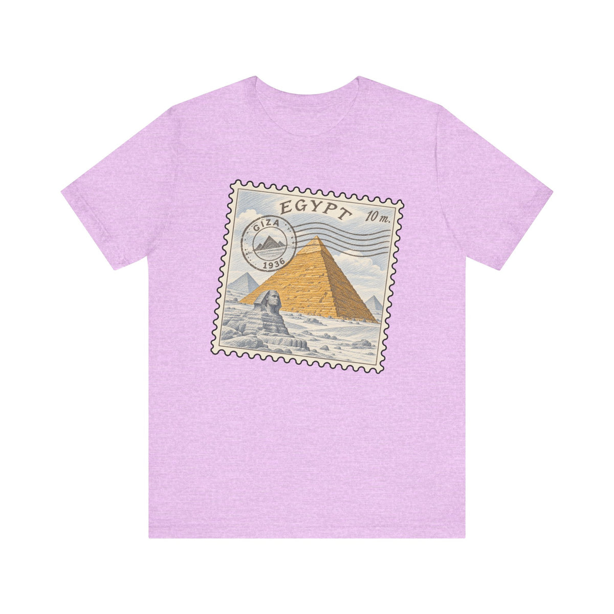 Lilac T-shirt with Egypt stamp graphic featuring pyramids on front.