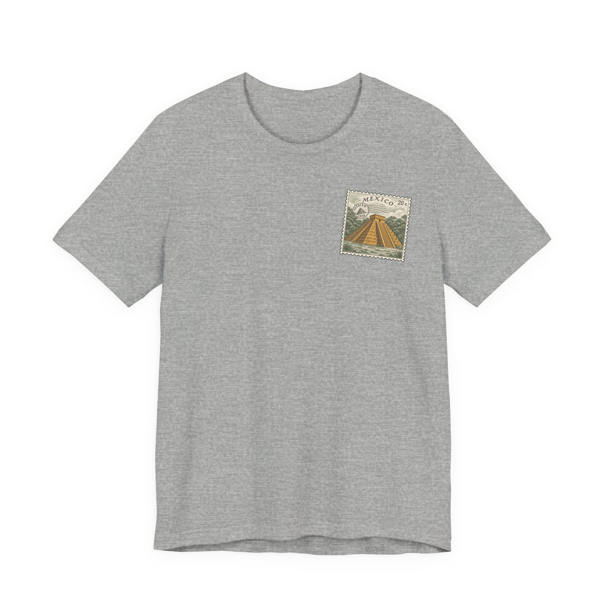 Light gray t-shirt with small vintage-style Mexico stamp graphic at upper chest