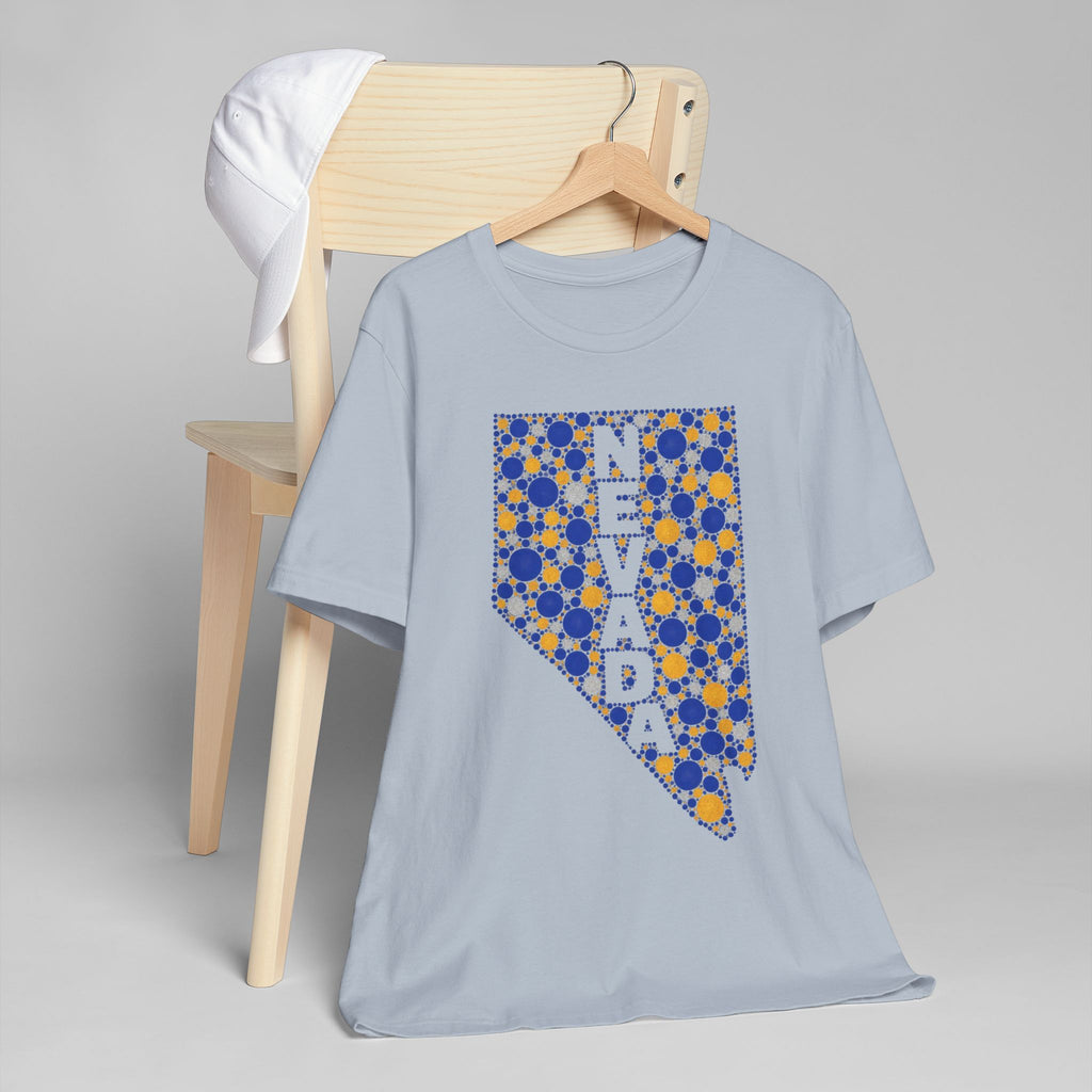 Light blue crewneck T-shirt with Nevada state floral dot graphic in blue and gold