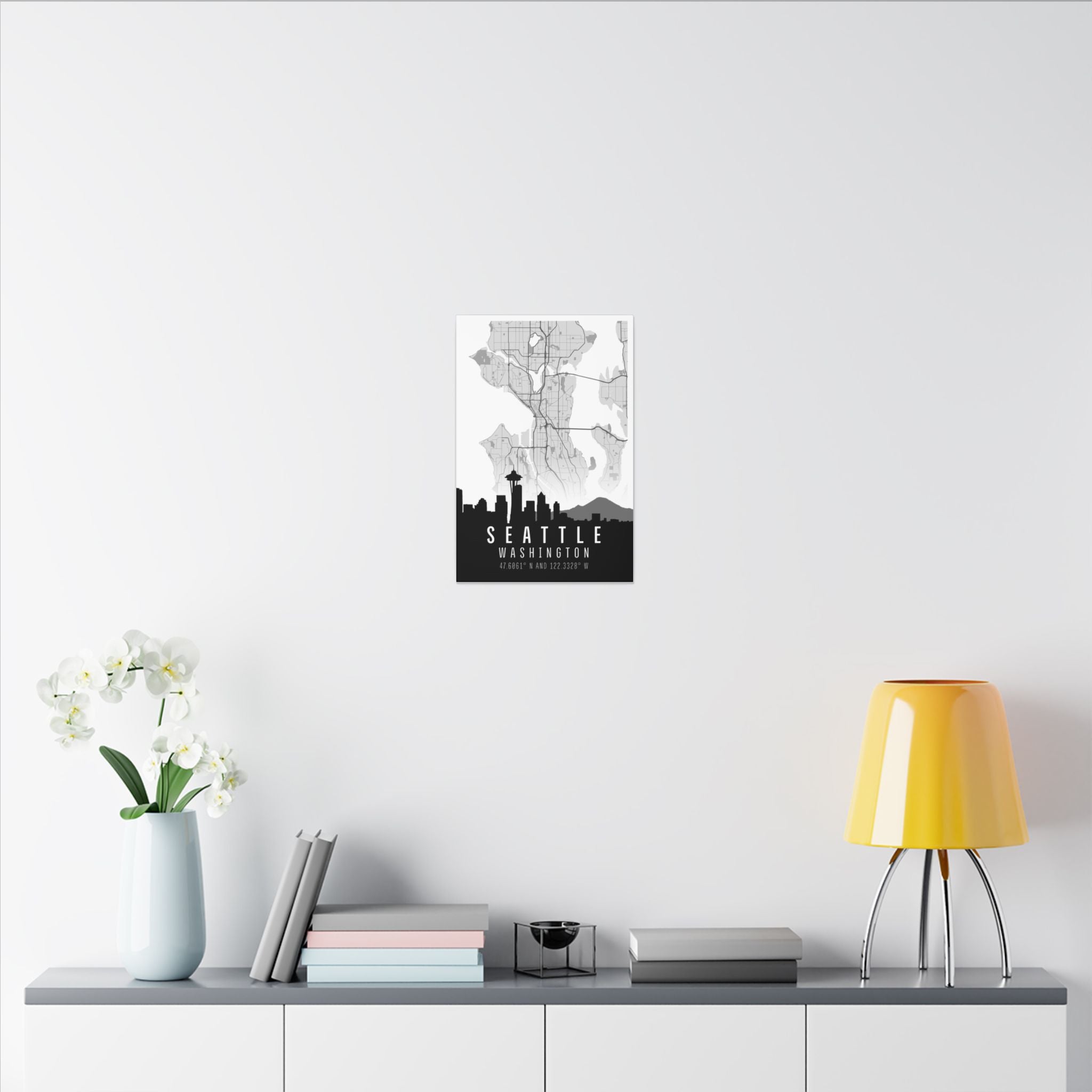 Seattle skyline map matte canvas, compact view of city silhouette and “SEATTLE WASHINGTON”