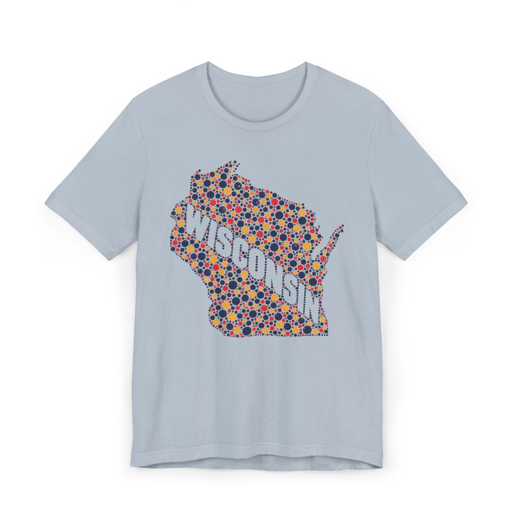 Light blue Wisconsin map graphic t-shirt with colorful floral dot design