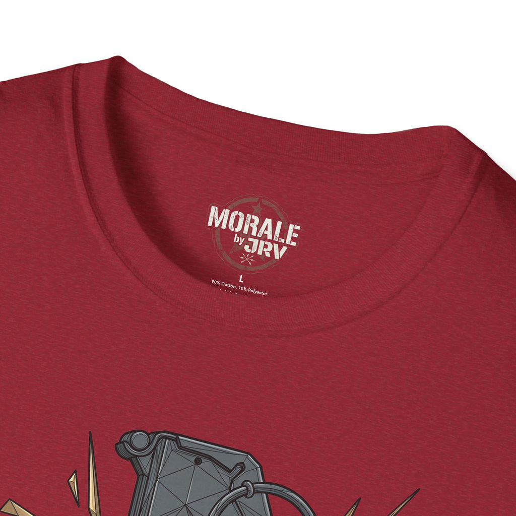 Antique cherry red T-shirt with “Morale” neck label and grenade artwork edge