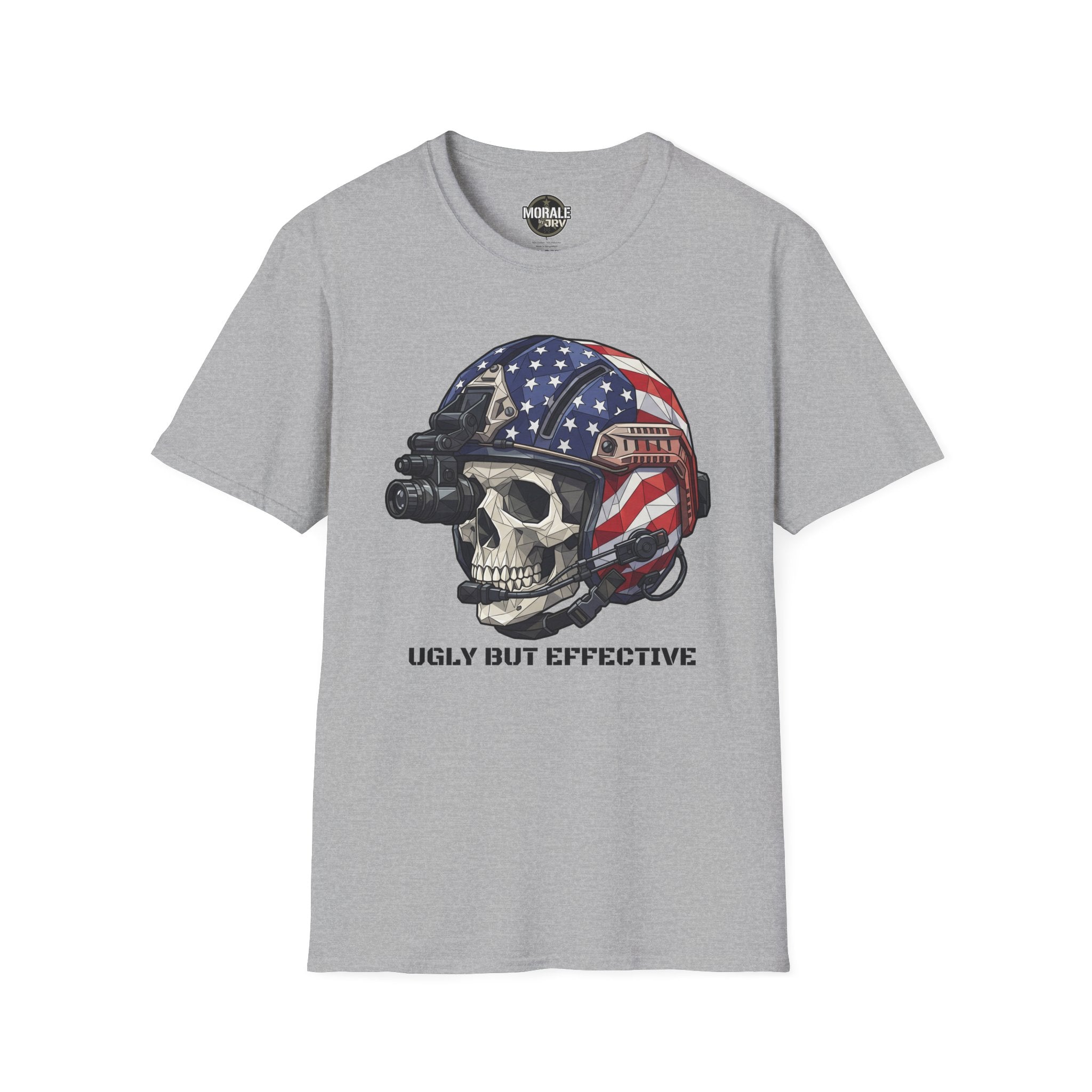 American Flag skull tactical helmet graphic T-shirt, heather gray crew neck