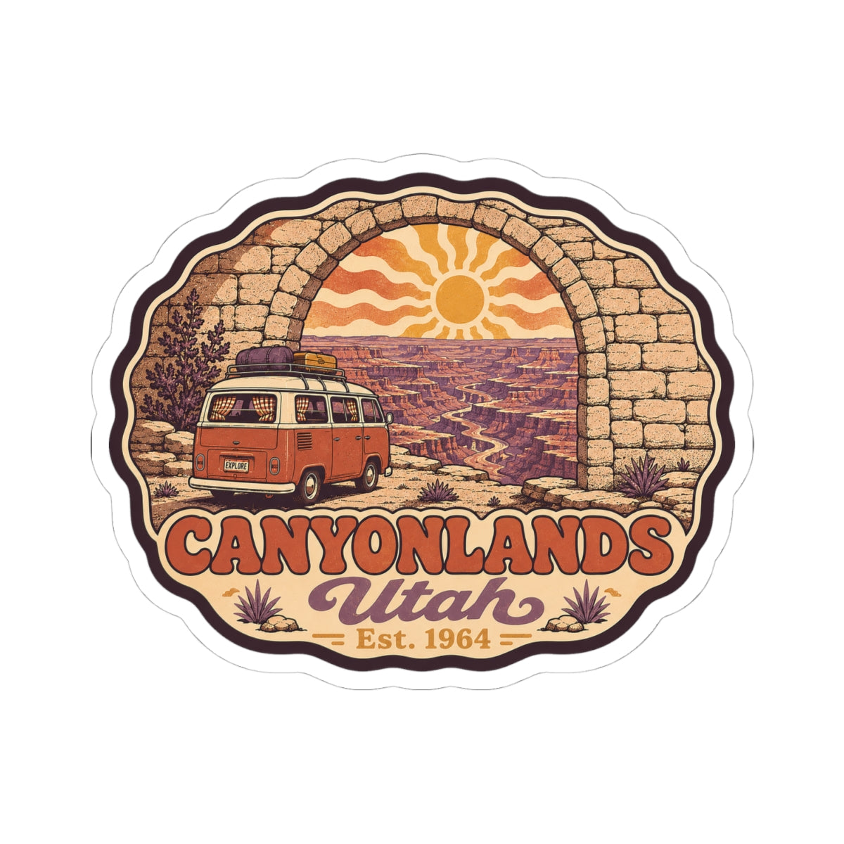 Canyonlands Utah vintage camper van decal sticker with stone arch and desert plants