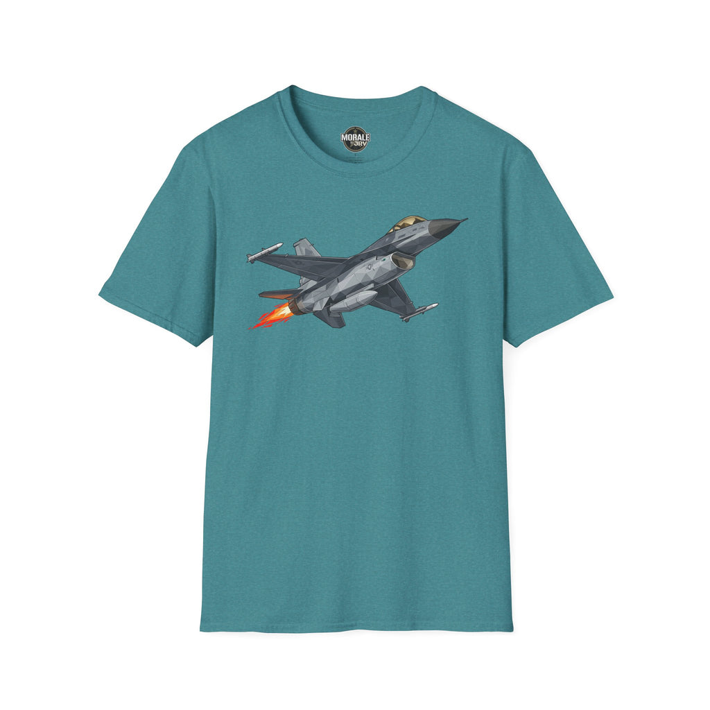 F-16 T-shirt, teal fabric with gray F-16 illustration and orange flame