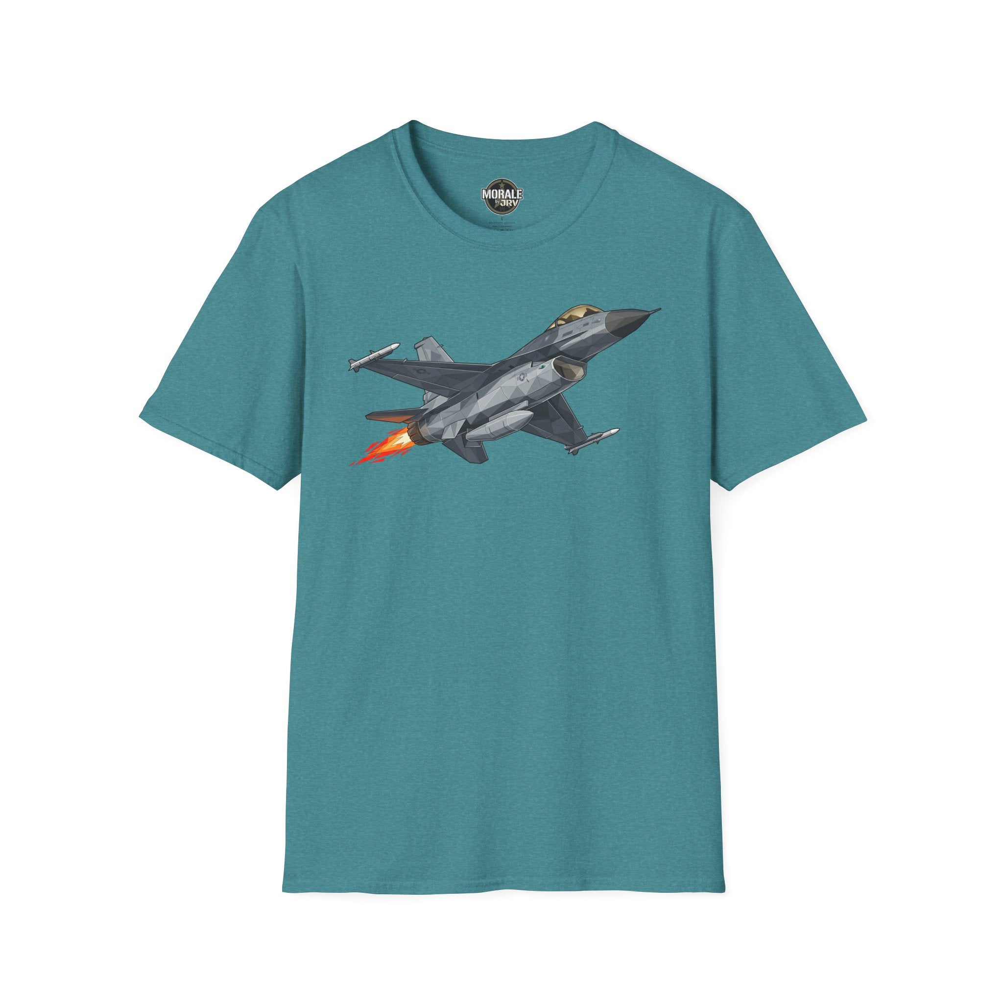 F-16 T-shirt, teal fabric with gray F-16 illustration and orange flame