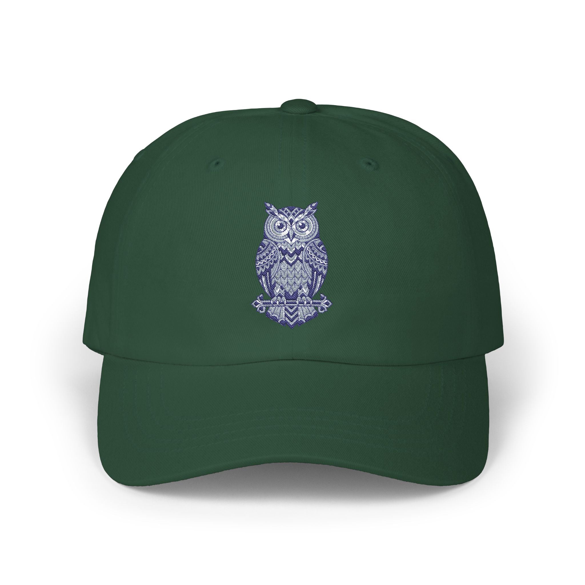 Green owl-embroidered dad cap with curved brim and stitched crown vents