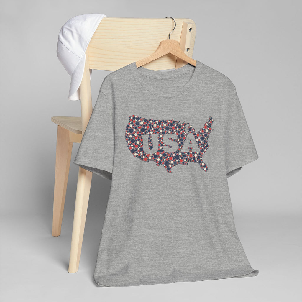 Heather gray t-shirt with colorful USA outline dot graphic, crew neck